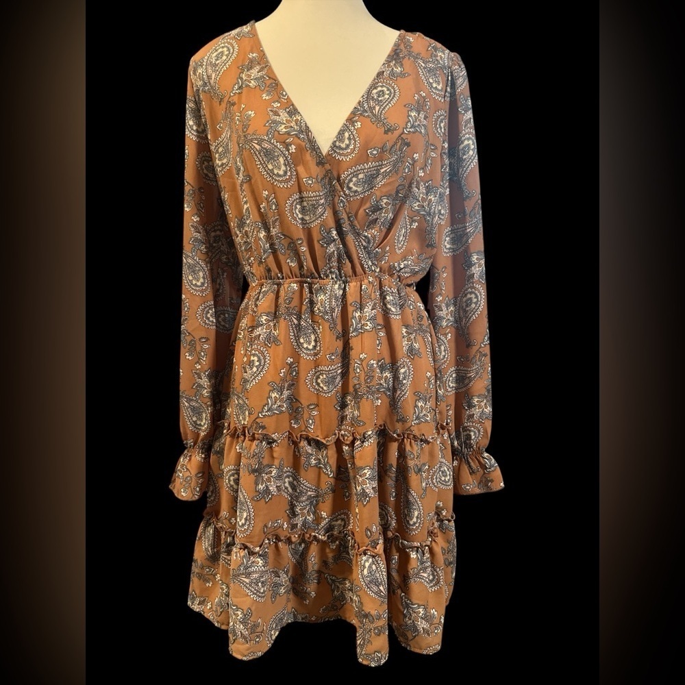 Inspired Hearts Long Sleeve Paisley Dress - Brown